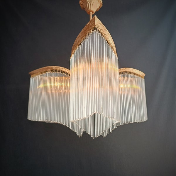 Art Deco Retro 80s Ceiling Pendant Light Vintage Glass Stick Chandelier Dining Room Ligting 3 Lamps