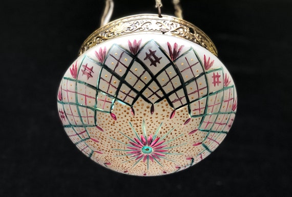 Vintage Bowl Chandelier Hand Painted  Solid Brass Glass Art Nouveau 80s Lighting 1 Lamp