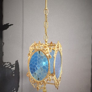 Antike Deckenleuchte Pendellampe Vintage Französisch Messing Blau Glas Jugendstil Kronleuchter