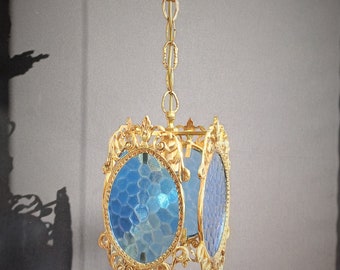 Antique Ceiling Light Pendant Lamp Vintage French Brass Blue Glass Art Nouveau Chandelier