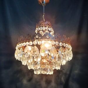 Crystal Chandelier Ligting Antique Ceiling Light Vintage French Brass Basket Czech Glass 1960s