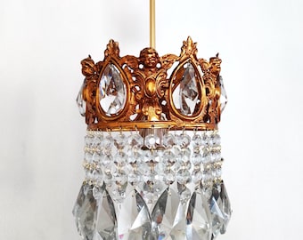 Lámpara colgante de araña de cristal con corona de ángel de latón Art Nouveau vintage, pequeña lámpara de techo