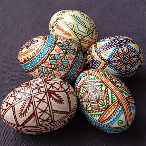 Set of 5 Real Ukrainian handmade Pysanky with Trident Tryzub Easter Egg Ukraine Osterei Pysanka Pisanki egg shell Lot#161г