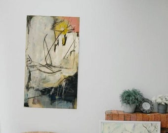 Pintura acrílica abstracta / Pintura abstracta / Pintura abstracta / Díptico / azul / negro / beige / blanco / Único