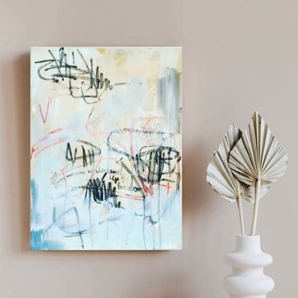 Abstract Acrylic Painting / Abstrakte Malerei / Abstraktes Bild / white / beige / creme / black / Unikat