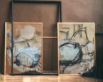 Pintura abstracta / única / técnica mixta / geométrica / díptica / moderna / única