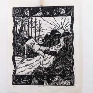 Original hand carved, hand printed linocut print, lovesick