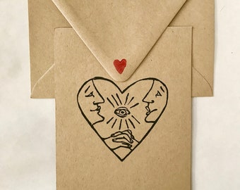 Hand carved block printed Valentine's card