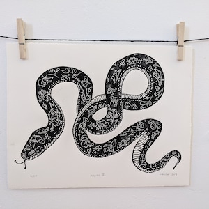 Original hand carved, hand printed linocut snake print