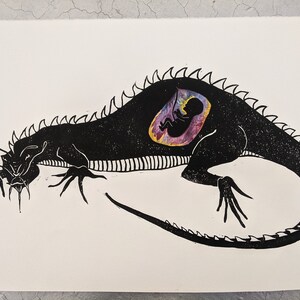 Original hand carved, hand printed linocut print with unique hand painted watercolor