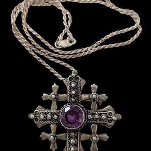 Vintage Maltese Cross Pendant - Brooch Convertible Fob Necklace - Bold Purple Stone