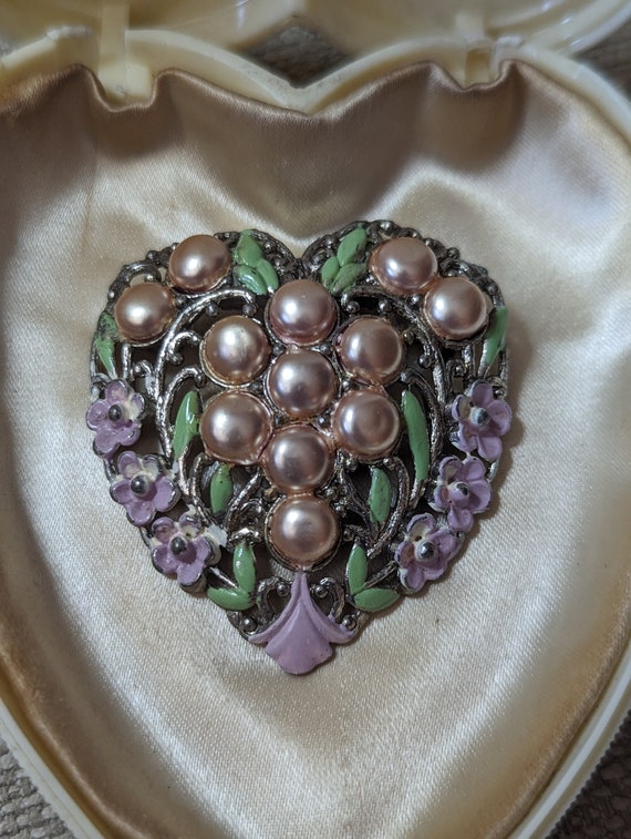 Vintage Enamel Pastel Floral Pearls Brooch Pin