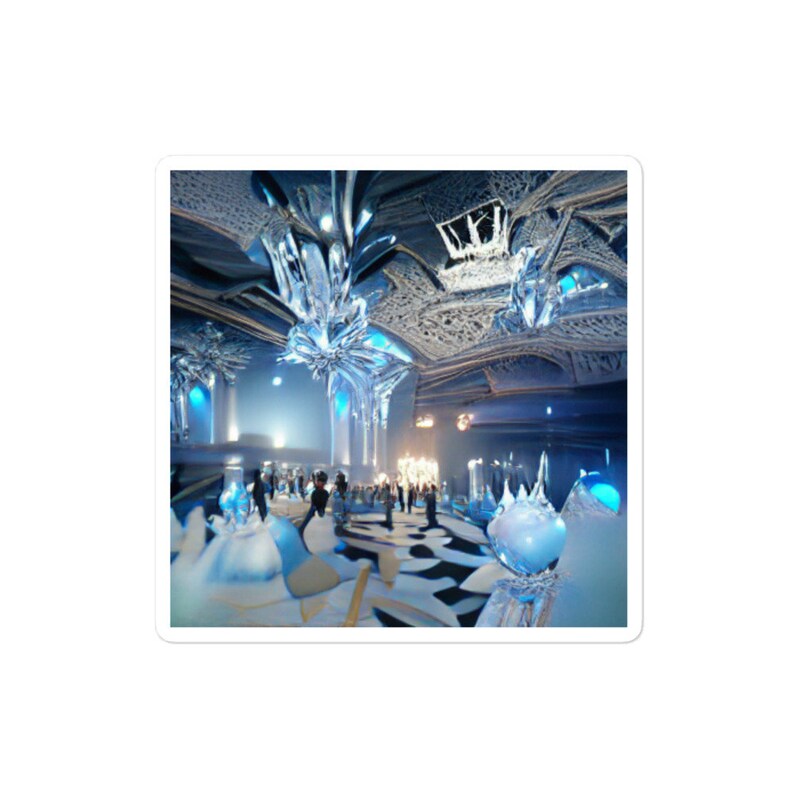 K&ouml;nnte beinhalten: Ein gro&szlig;er, eisiger Raum mit einem blauen und wei&szlig;en Farbschema. Der Raum ist mit gro&szlig;en, kunstvollen Eisskulpturen dekoriert, darunter ein Kronleuchter und eine gro&szlig;e, abstrakte Skulptur. Menschen gehen durch den Raum und genie&szlig;en die festliche Atmosph&auml;re.