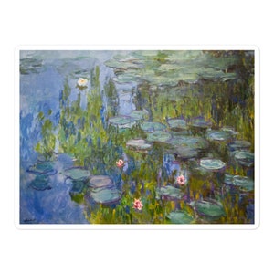 May include: A painting of a pond with water lilies. The water is a light blue color and the lilies are green. There are pink flowers in the water.