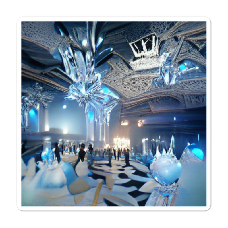 K&ouml;nnte beinhalten: Eine gro&szlig;e, eisige, blaue und wei&szlig;e Struktur mit einem kristallinen Design. Die Struktur ist von innen beleuchtet, wodurch ein leuchtender Effekt entsteht. Menschen gehen durch die Struktur, die ein gro&szlig;er Innenraum zu sein scheint.