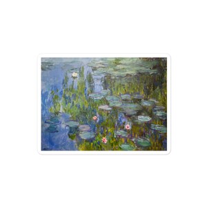 May include: A painting of a pond with water lilies and lily pads. The water is a light blue color and the lily pads are green. There are pink flowers on some of the lily pads.