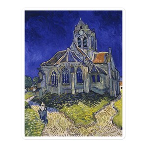 Pode incluir: Uma pintura de uma igreja com um alto campanário e uma torre do relógio. A igreja é pintada em um estilo que lembra Vincent van Gogh, com pinceladas em espiral e cores brilhantes. A igreja está sobre um fundo de céu azul escuro, e há um caminho que leva até ela.