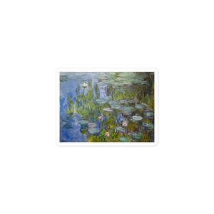 May include: A painting of a pond with water lilies and lily pads. The water is a light blue color and the lily pads are green. There are pink flowers on some of the lily pads.