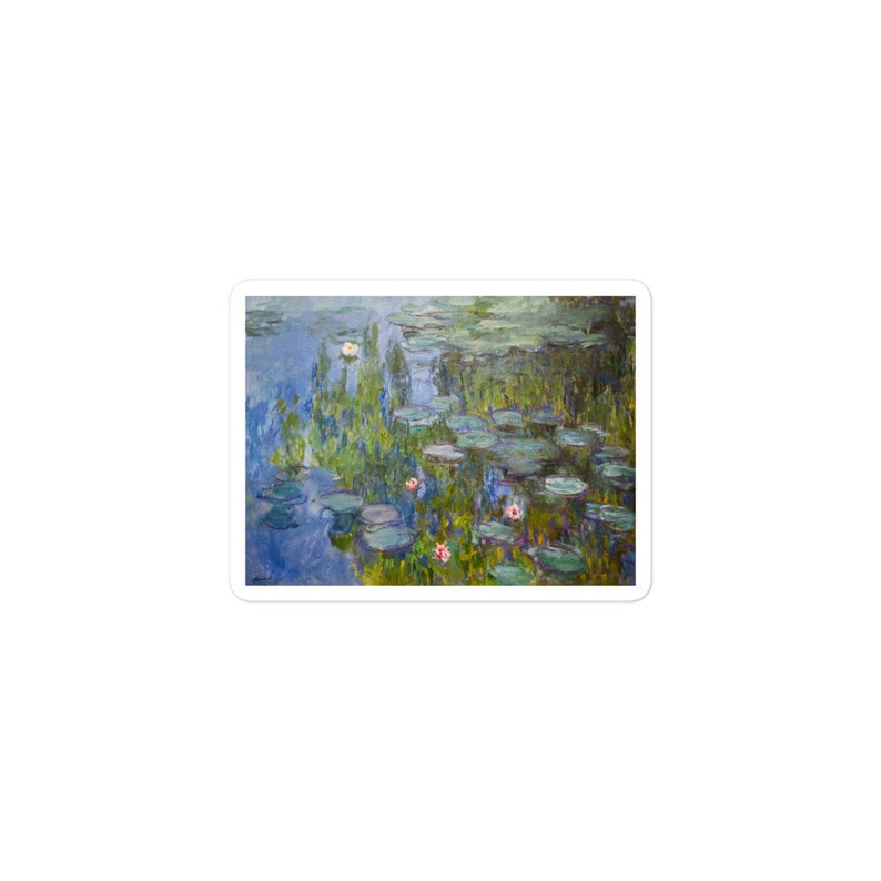 May include: A painting of a pond with water lilies and lily pads. The water is a light blue color and the lily pads are green. There are pink flowers on some of the lily pads.
