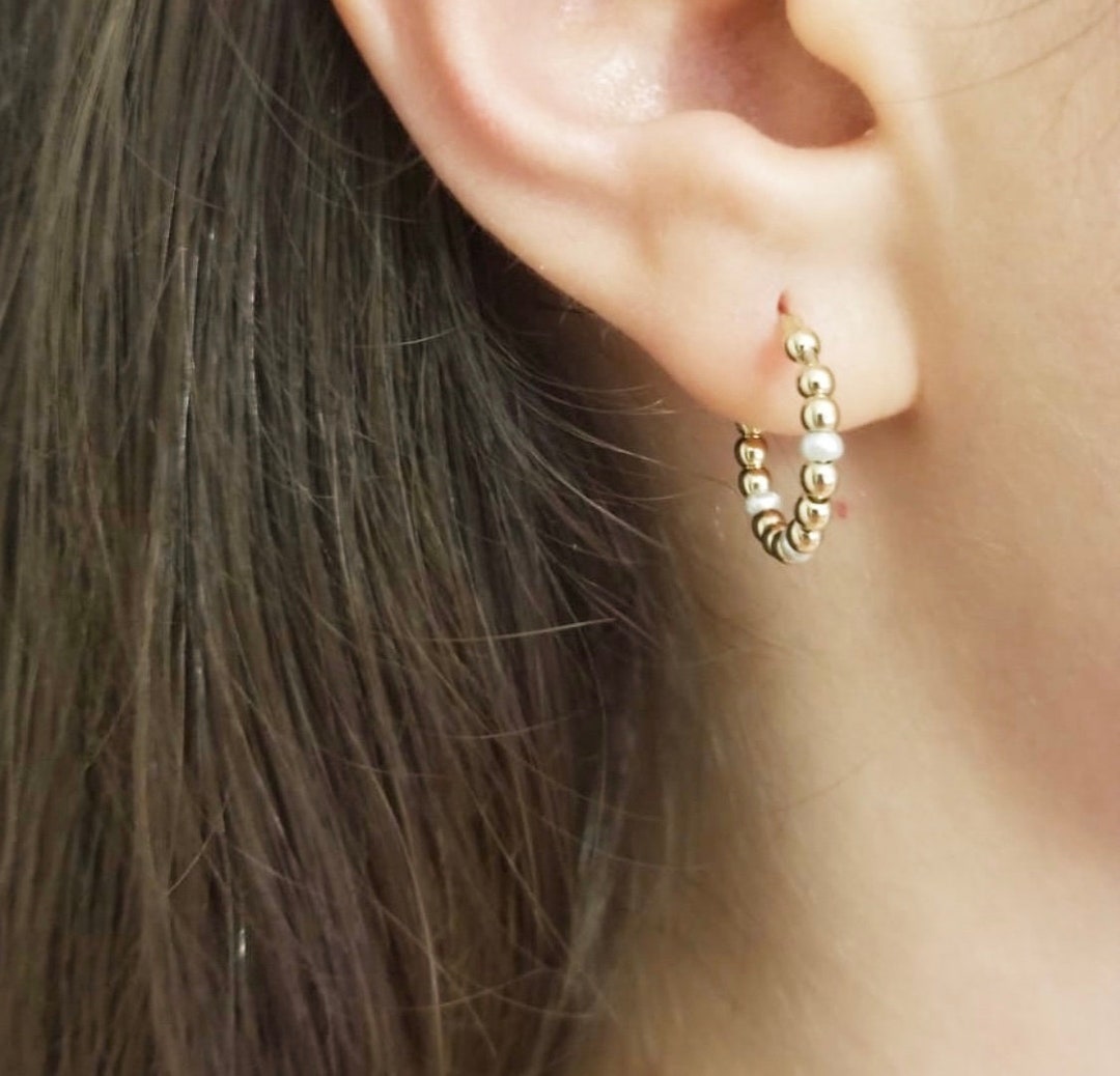 14k Gold Hoop Ball Earrings, 14k Solid Gold Bead Ball Earrings, 14k Gold Bead Ball Hoops With