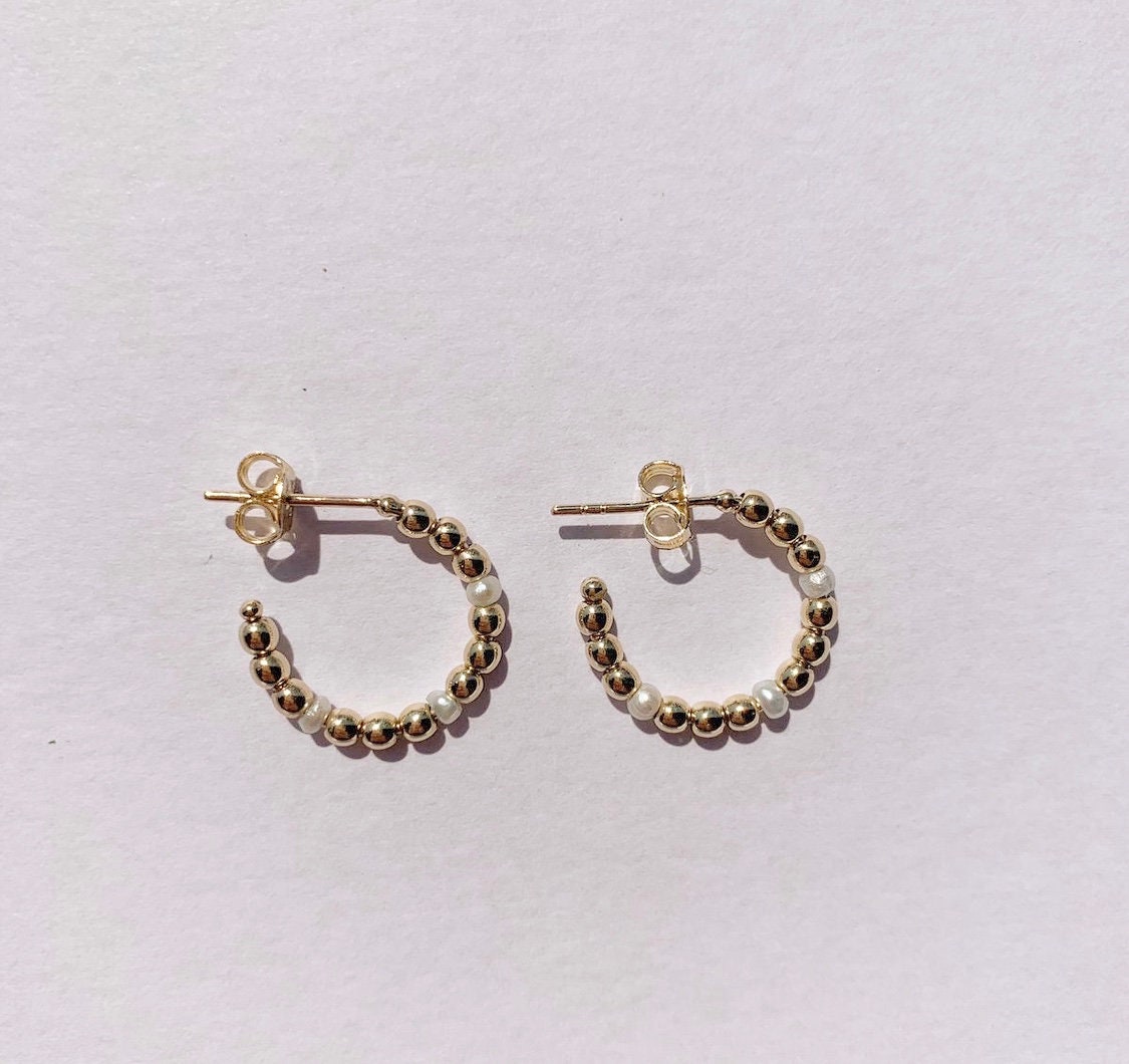 14k Gold Hoop Ball Earrings 14k Solid Gold Bead Ball Etsy