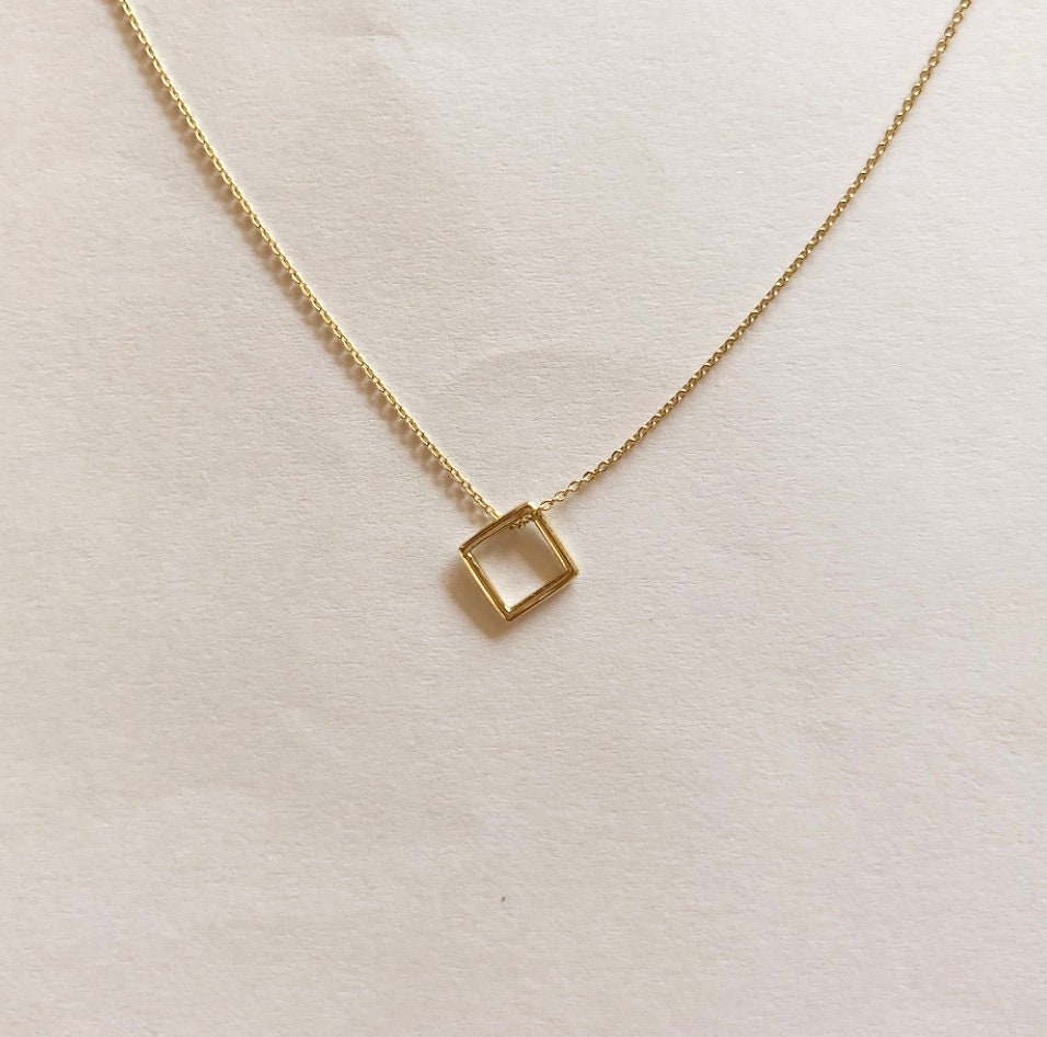 14K Small Solid Gold Square Pendant Necklace , Square Necklace Pendant 14karat Yellow Gold Charm, Minimal Necklace Charm Pendant