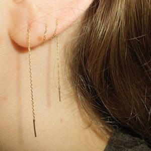 14k Solid Gold Double Bar Thin Threader Earring, Ear Threader, Gold Drop Earring, Delicate Chain Earring, Pull Through Dangling Earring