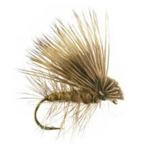 May include: A brown and tan fly fishing lure with a feathered body and a gold hook.