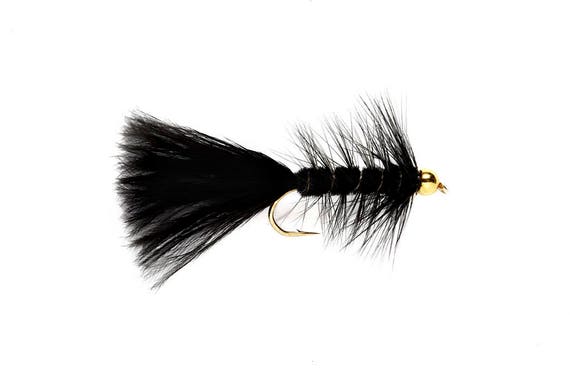 Fishing Flies, Trout Flies - 4 Black Bead Head Woolly Bugger - Size 10, 12,  14, 16 - Gifts for Men