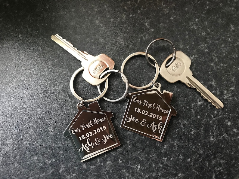 PERSONALISED PAIR of First Home Keyrings Our First Home Keyring Customised Names & Date House Gift Home Gift image 2