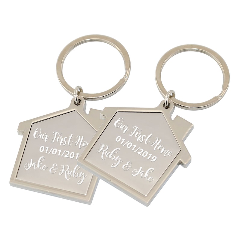 PERSONALISED PAIR of First Home Keyrings Our First Home Keyring Customised Names & Date House Gift Home Gift 