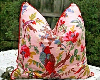 Set of 2 *Cushion Cover Retro Style, Vintage Style Floral Cushion Cover, Floral Pillows, Birds and Flowers, Colourful, Pink, Green, Ivory.