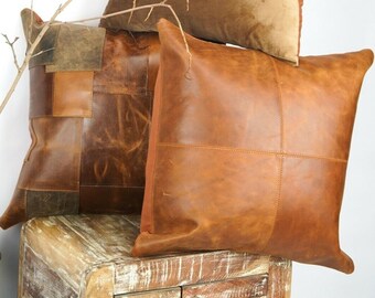 Linen Connections Genuine Leather Patchwork Cushion Cover Pillow Cover Leather Pillow Leather Cushion Vintage Leather Tan Pillow Cover