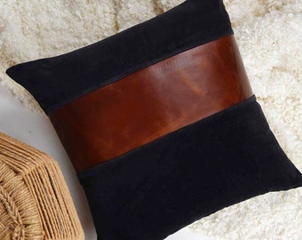 Mudcloth Pillow Cover Genuine Leather Stripe Patch Authentic Tan Leather cushion, striped cushion, Leather cushion pillow case