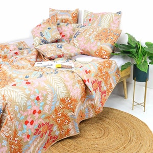 Linen Connections Vintage Handmade Kantha Floral Cotton Quilt Throw Bedspread Block Print Quilt Indian Quilt Comforter Duvet Cover Quilt