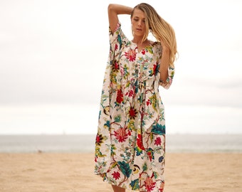 Coton Kaftan, Caftan, Maxi Robe, Robe coton, Cadeau pour elle, Kimono Robe, Cadeau pour maman, Robe de maternité, Arbre de Vie Blanc Frida