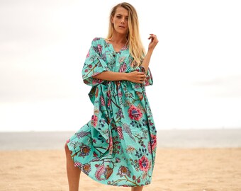 Cotton Kaftan, Caftan, Maxi Dress, Cotton Dress, Gift for her, Kimono Robe, Gift for Mum,  Maternity Gown, Frida Floral Blues!