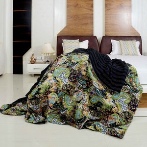 Kantha Quilt Indian Quilt Block Print Quilt Linen Connections Bedspread Bohemian Boho Cotton Throw Quilt Handmade Blanket