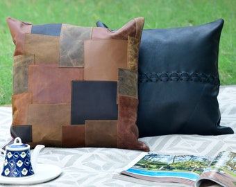 Linen Connections Genuine Leather Patchwork Cushion Cover Pillow Cover Leather Pillow Leather Cushion Vintage Leather Tan Pillow Cover