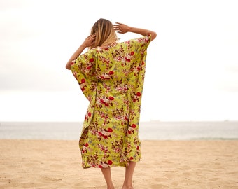 Cotton Kaftan, Caftan, Maxi Dress, Cotton Dress, Gift for her, Kimono Robe, Gift for Mum,  Maternity Gown, Frida Floral Greens