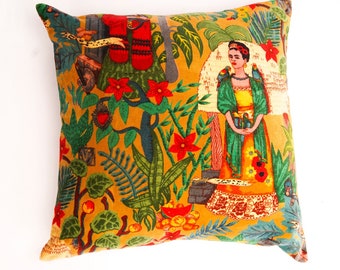 Mexican Painter Pillow Case, Frida Floral Decorative Cushion,  Mexican Painter Art Garden Country Mexico Muertes Cushion Cover