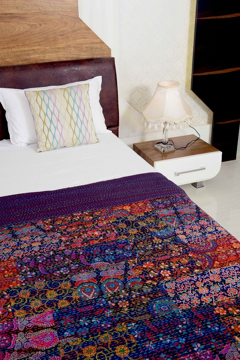 Linen Connections Kantha Quilt Indian Quilt Block Print Quilt Etsy