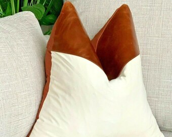 Mudcloth Pillow Cover Genuine Leather Stripe Patch Authentic Tan Leather cushion, striped cushion, Leather cushion pillow case