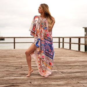 Trendy silk kaftan for women Long Caftan Resort Wear Vacation Beach Dress Boho Silk Dress Kaftan floral print long silk kaftan GIFT FOR HER