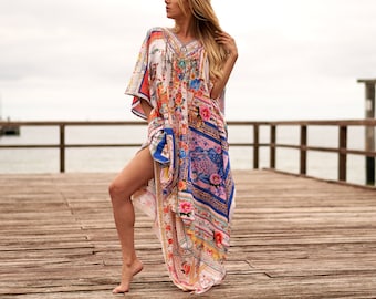 Kaftan de soie tendance pour femmes Long Caftan Resort Wear Vacation Beach Dress Boho Silk Dress Kaftan imprimé floral long silk kaftan CADEAU POUR ELLE