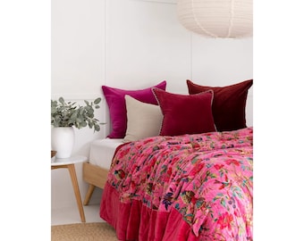 Velvet Frida Kantha Quilt Cotton Quilt Patchwork Quilt Handamade Floral Quilt Comforter Bedspread Blanket -Bird of Paradise Pink