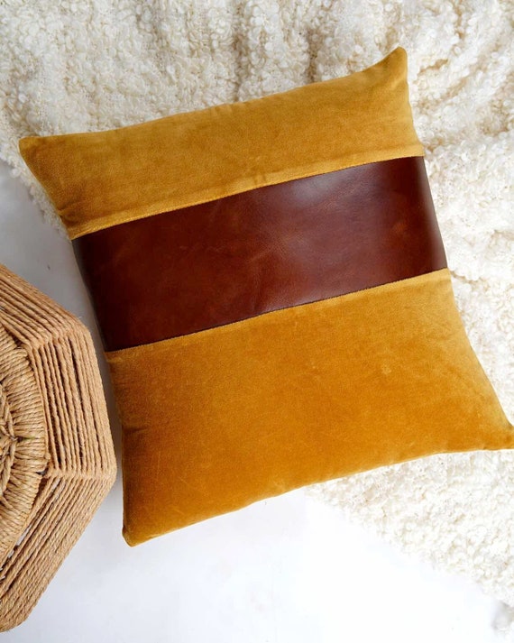 Mudcloth Pillow Cover Genuine Leather Stripe Patch Authentic Tan
