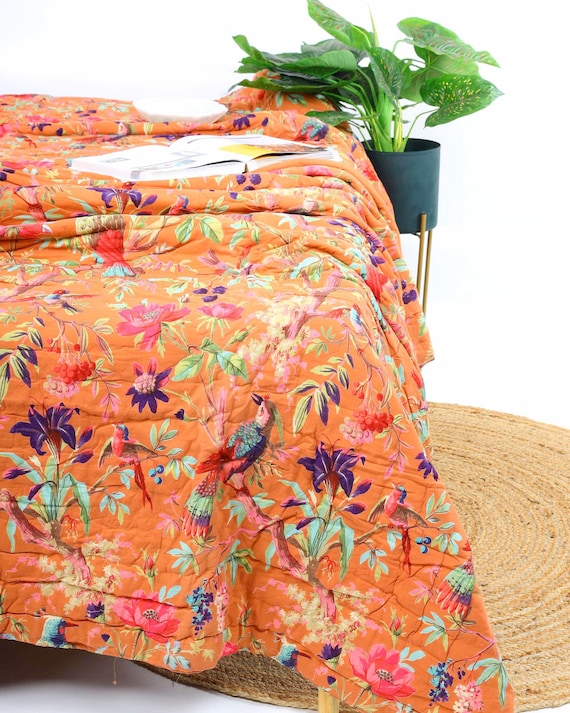 Linen Connections Floral Reversible Cotton Quilt Blanket Throw Bed Spr