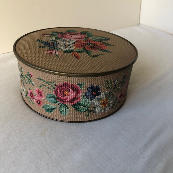 Vintage Guildcraft Cross Stitch Textured Floral Tin