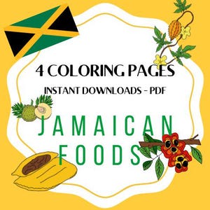Jamaican Food Coloring Pages - Digital Download - Jamaica Pictures to Color - Tropical Fruits, Patties, Ackee, Jamaican Patties, Cerasee.